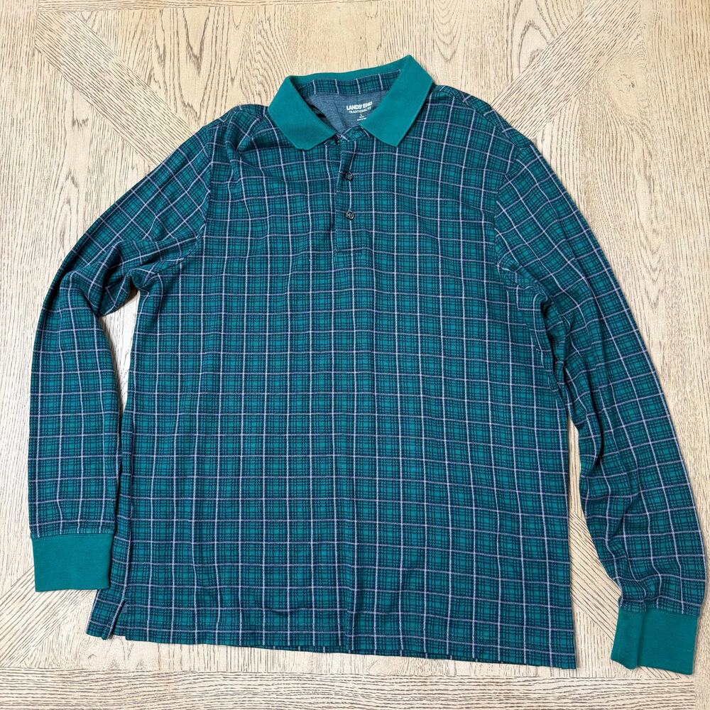 Land’s End Men’s Traditional Fit Long Sleeve Polo Pink Green Plaid L